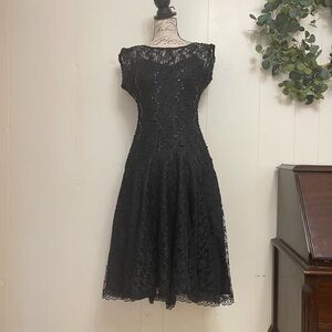 Vintage Sm 80s Black Lace Dropped Waist Swing Dress FULL SKIRT Dress